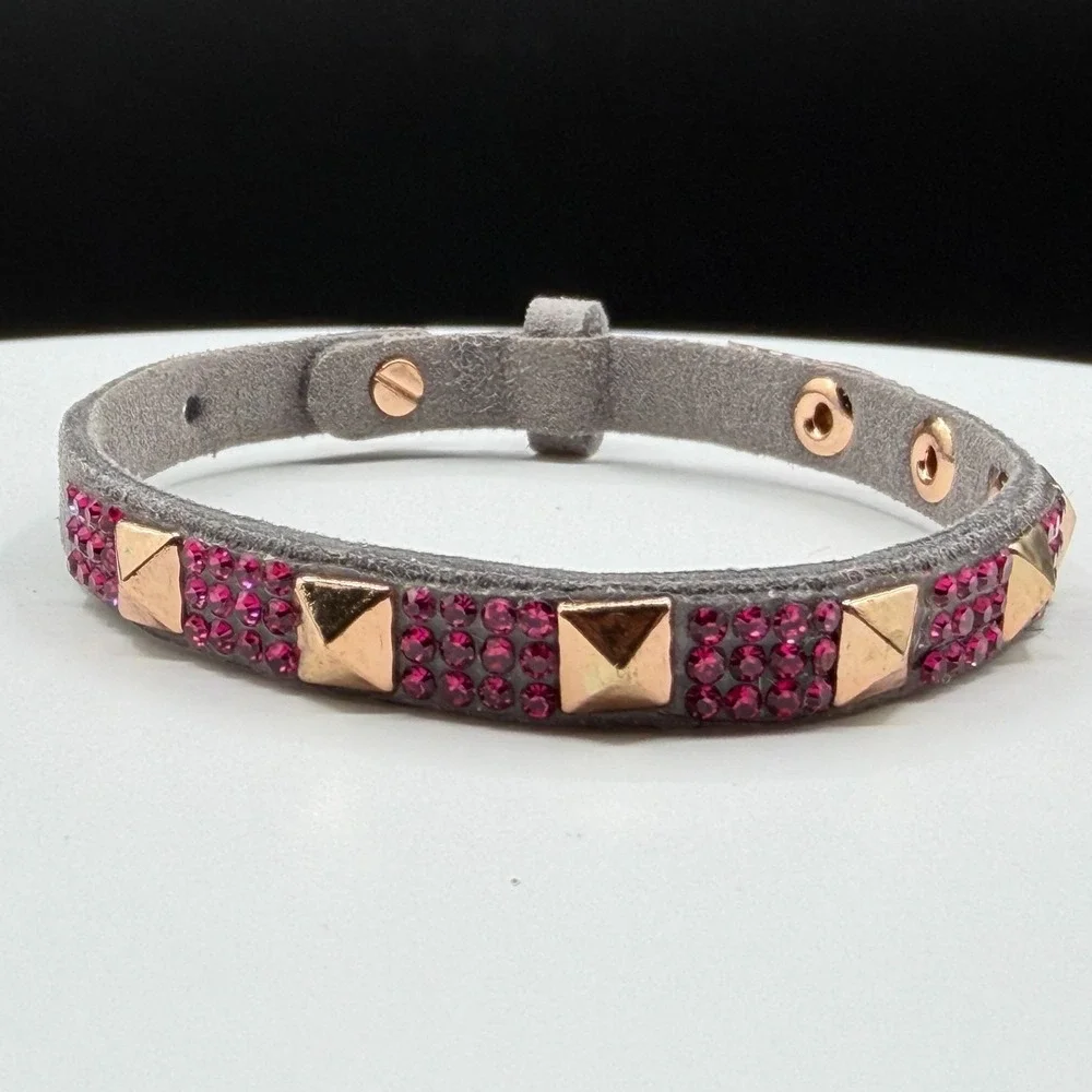 Gray Suede Studded Crystal Bracelet Rose Gold Tone Pink Rhinestone Gift Cuff